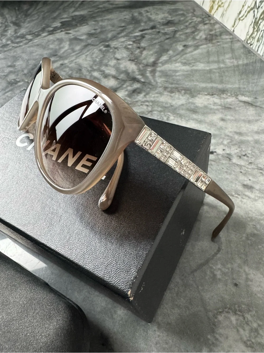 CHANEL Taupe Acetate Sunglasses with Crystal-Studded Temples